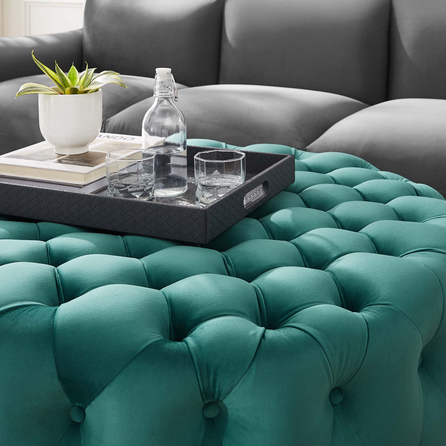 Alder Tufted Button Large Round Performance Velvet Ottoman in Teal