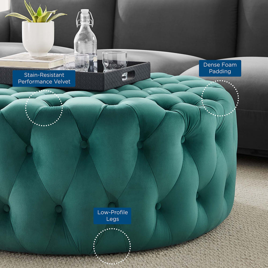 Alder Tufted Button Large Round Performance Velvet Ottoman in Teal