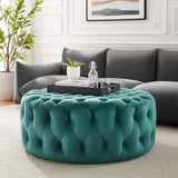 Alder Tufted Button Large Round Performance Velvet Ottoman in Teal