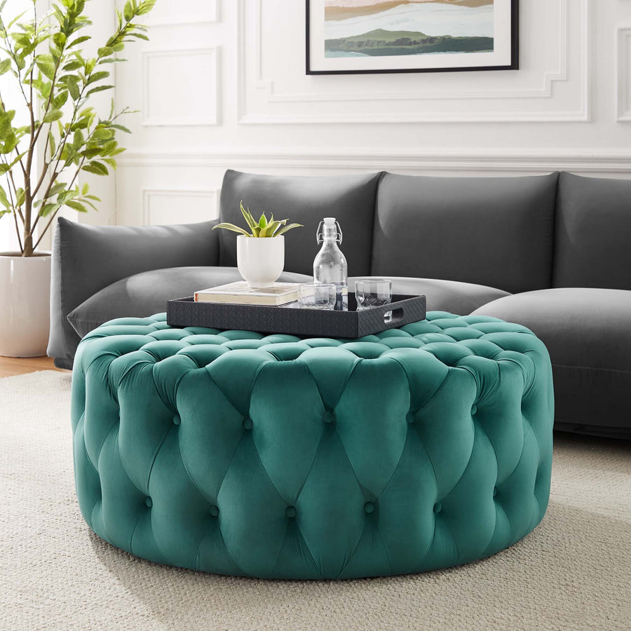 Alder Tufted Button Large Round Performance Velvet Ottoman in Teal