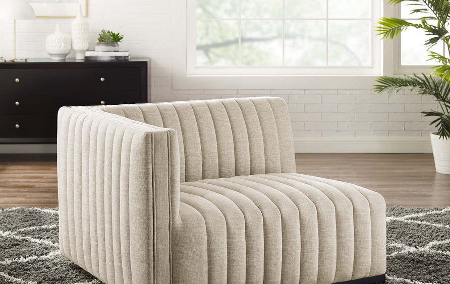 Olive Channel Tufted Upholstered Fabric Left-Arm Chair in Black Beige