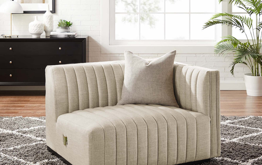 Olive Channel Tufted Upholstered Fabric Right-Arm Chair in BlackBeige