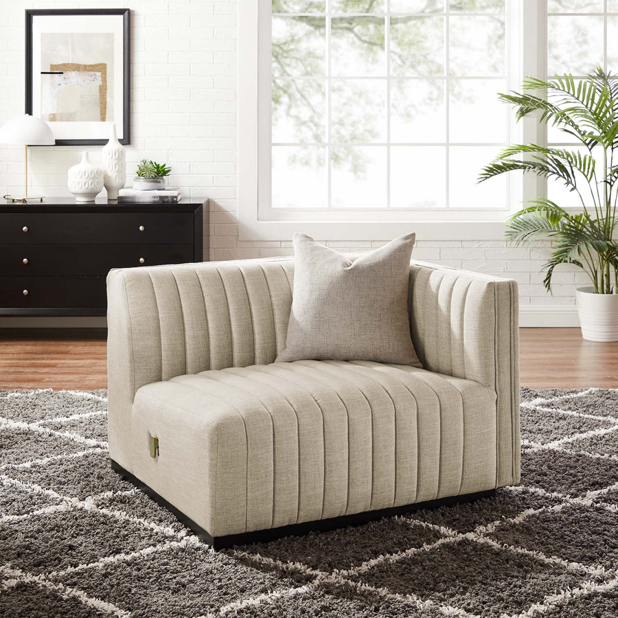 Olive Channel Tufted Upholstered Fabric Right-Arm Chair in BlackBeige