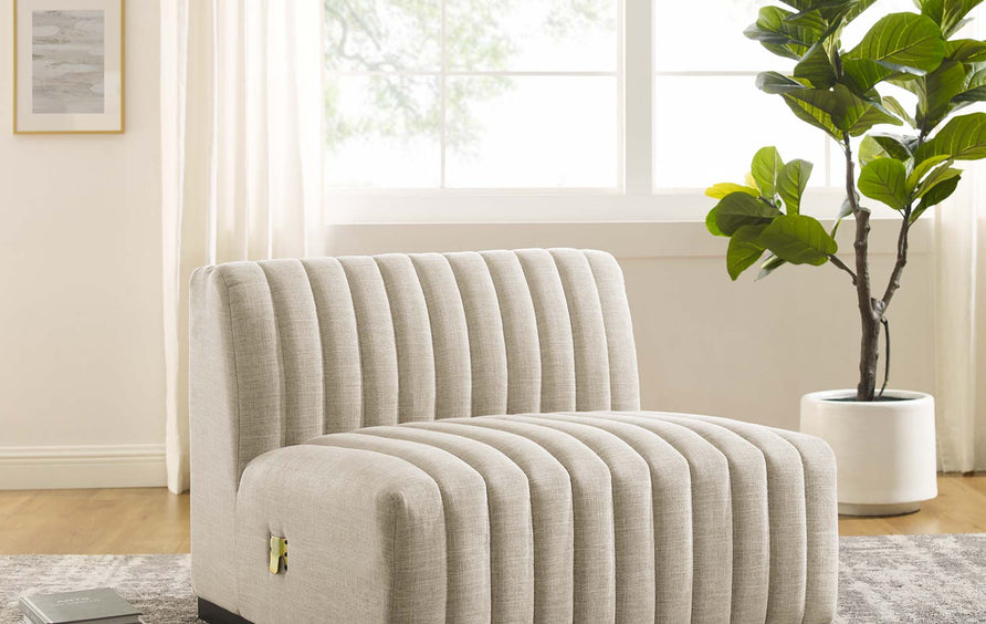 Olive Channel Tufted Upholstered Fabric Armless Chair in Black Beige