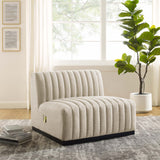 Olive Channel Tufted Upholstered Fabric Armless Chair in Black Beige