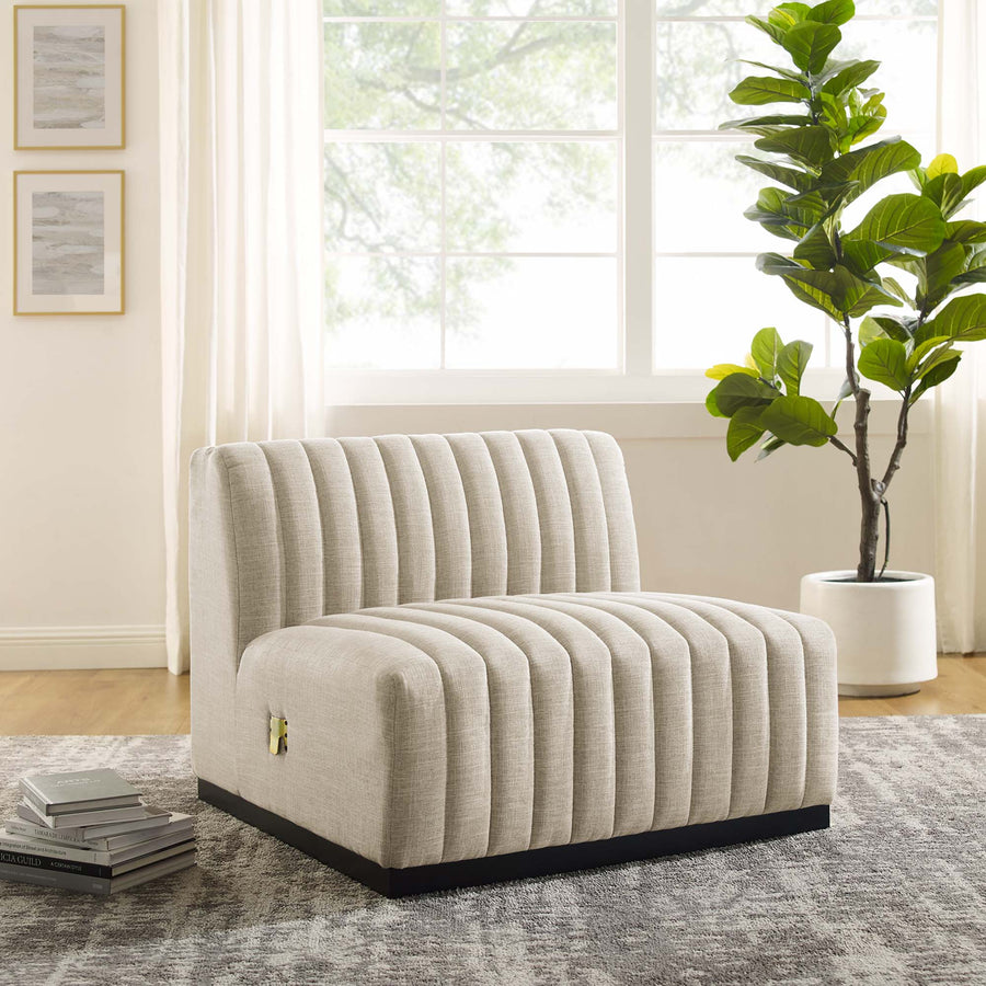 Olive Channel Tufted Upholstered Fabric Armless Chair in Black Beige