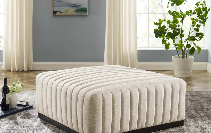 Olive Channel Tufted Upholstered Fabric Ottoman in Black Beige