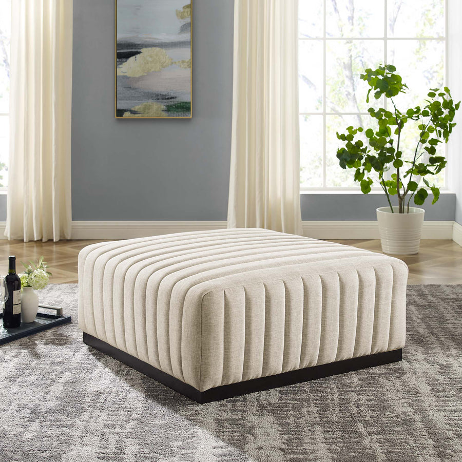 Olive Channel Tufted Upholstered Fabric Ottoman in Black Beige