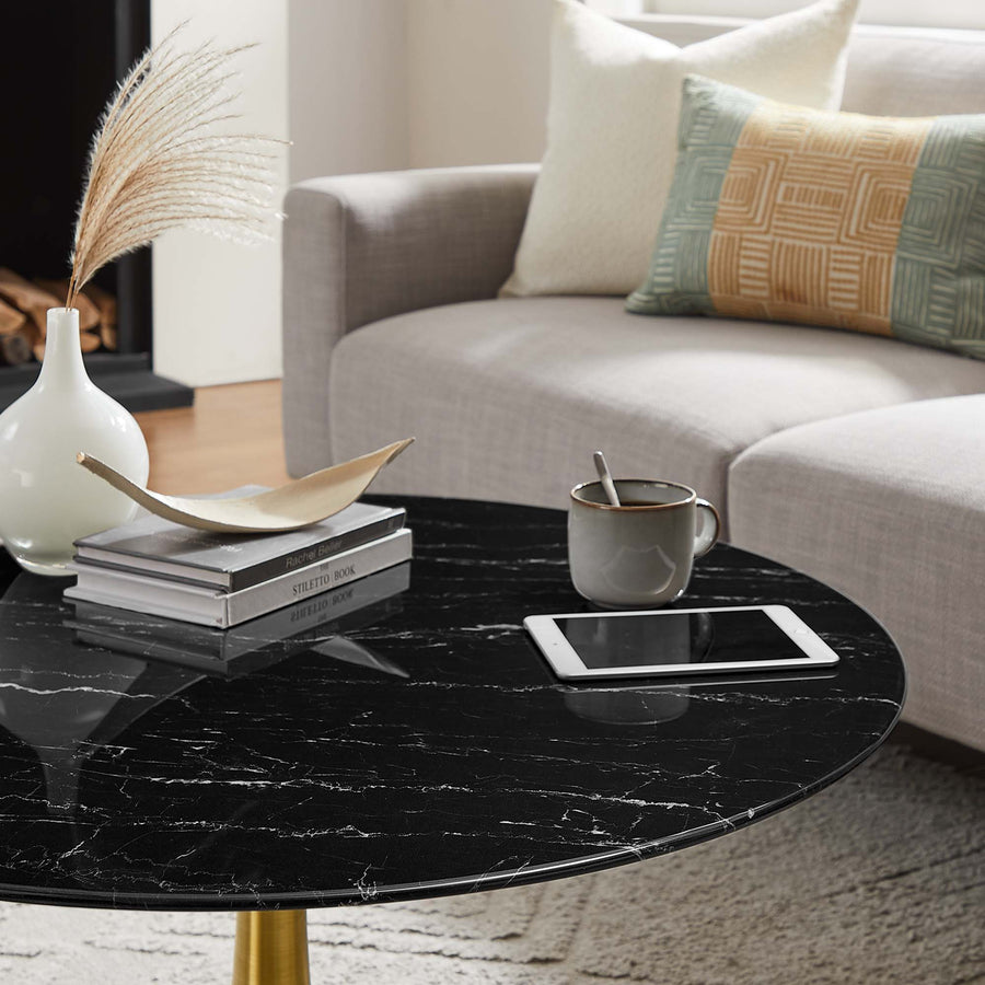 Lumen 36" Round Faux Marble Coffee Table in Gold Black