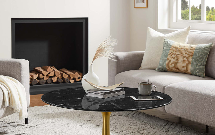 Lumen 36" Round Faux Marble Coffee Table in Gold Black