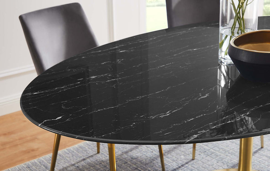 Lumen 78" Oval Faux Marble Dining Table in Gold Black