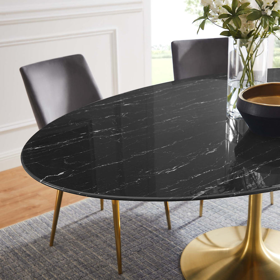 Lumen 78" Oval Faux Marble Dining Table in Gold Black