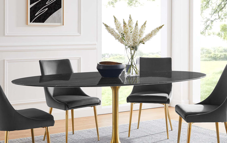 Lumen 78" Oval Faux Marble Dining Table in Gold Black