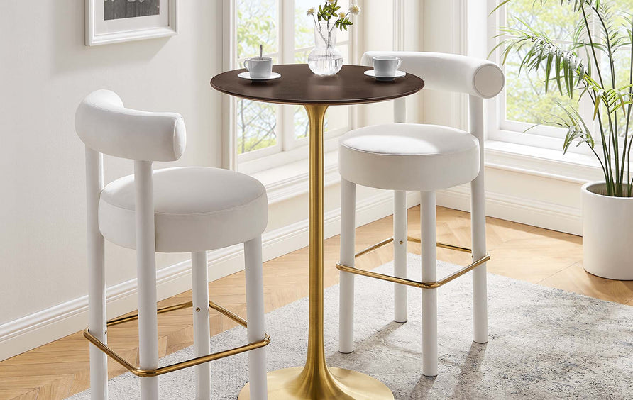 Lumen 28" Round Cherry Walnut Wood Bar Table in Gold Cherry Walnut