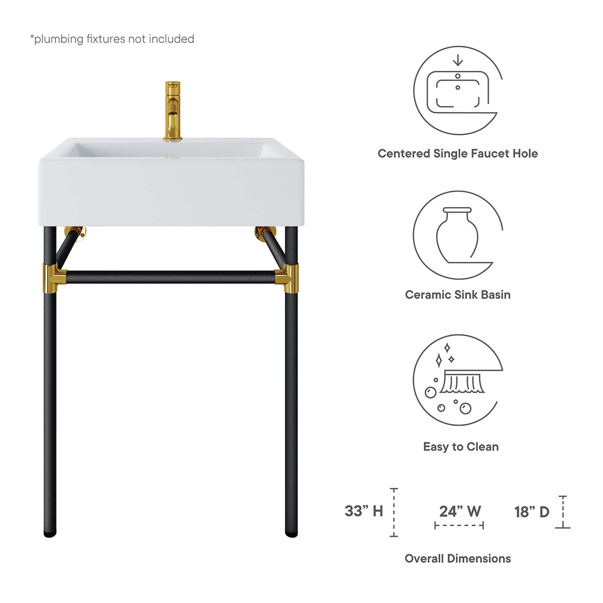 Redeem 24" Wall-Mount Black Stainless Steel Bathroom Vanity in Black White