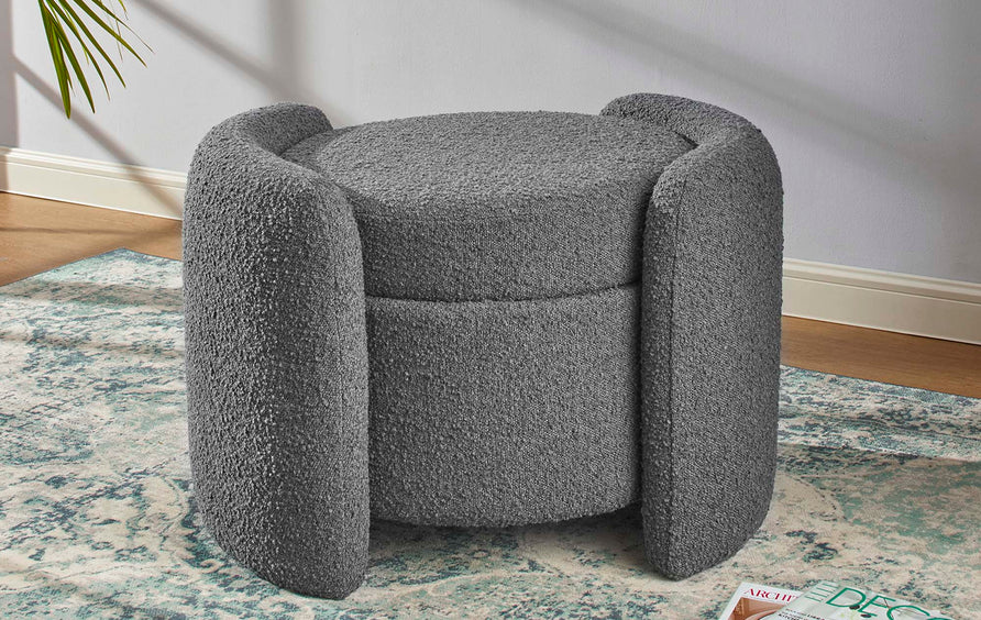 Brocade Boucle Upholstered Ottoman in Charcoal