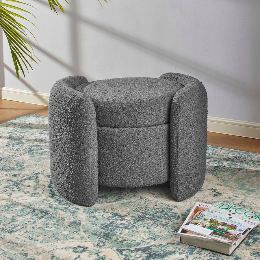 Brocade Boucle Upholstered Ottoman in Charcoal