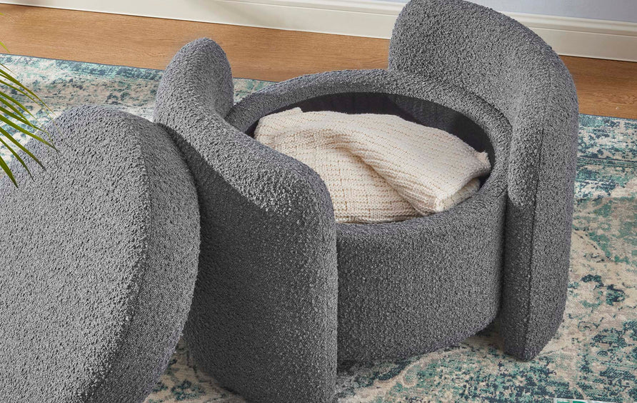 Brocade Boucle Upholstered Ottoman in Charcoal