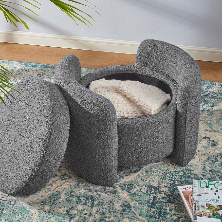 Brocade Boucle Upholstered Ottoman in Charcoal