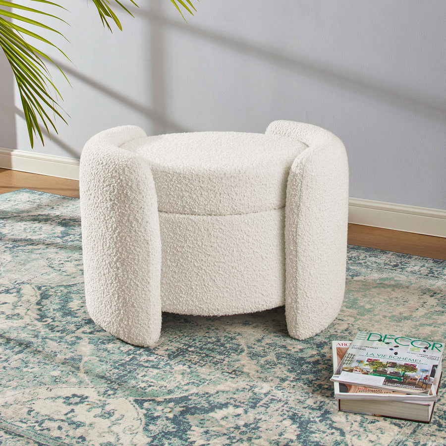 Brocade Boucle Upholstered Ottoman in Ivory