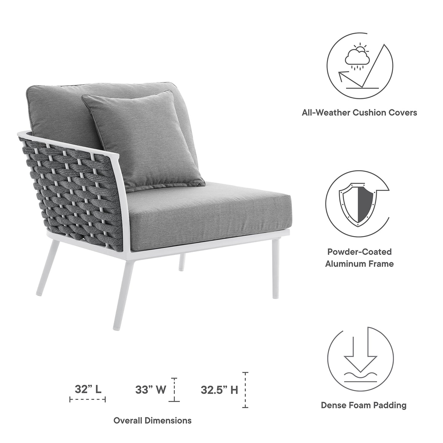 Stance Outdoor Patio Aluminum Left-Facing Armchair by Furniture For America