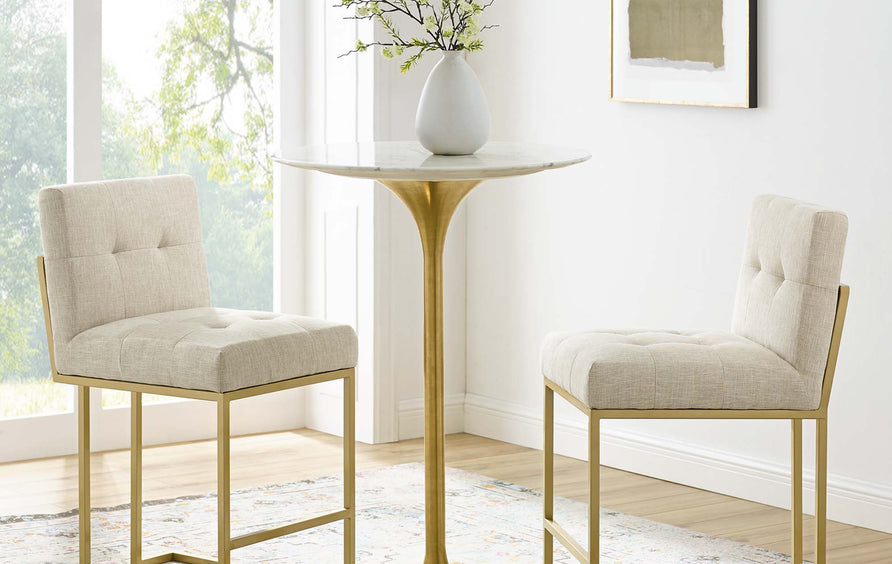 Indigo Upholstered Fabric Counter Stool Set of 2 in Gold Beige