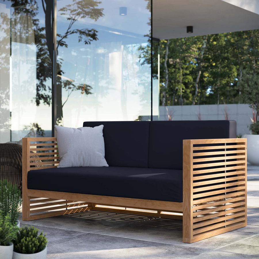 Avery Teak Wood Outdoor Patio Loveseat in Natural Navy