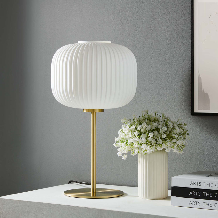 Adare Glass Sphere Glass and Metal Table Lamp in White Satin Brass