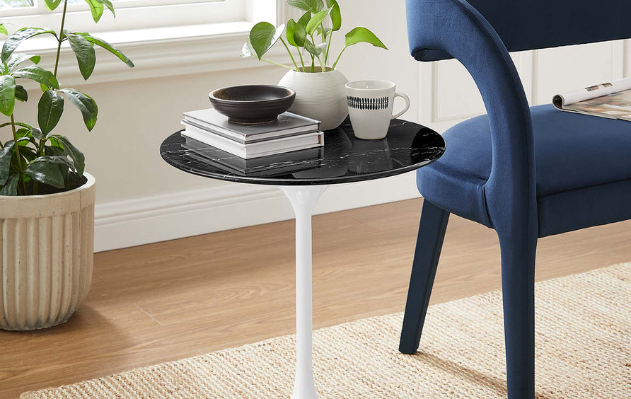 Lumen 20" Round Faux Marble Side Table in White Black