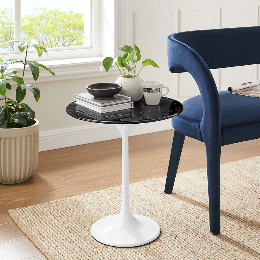 Lumen 20" Round Faux Marble Side Table in White Black