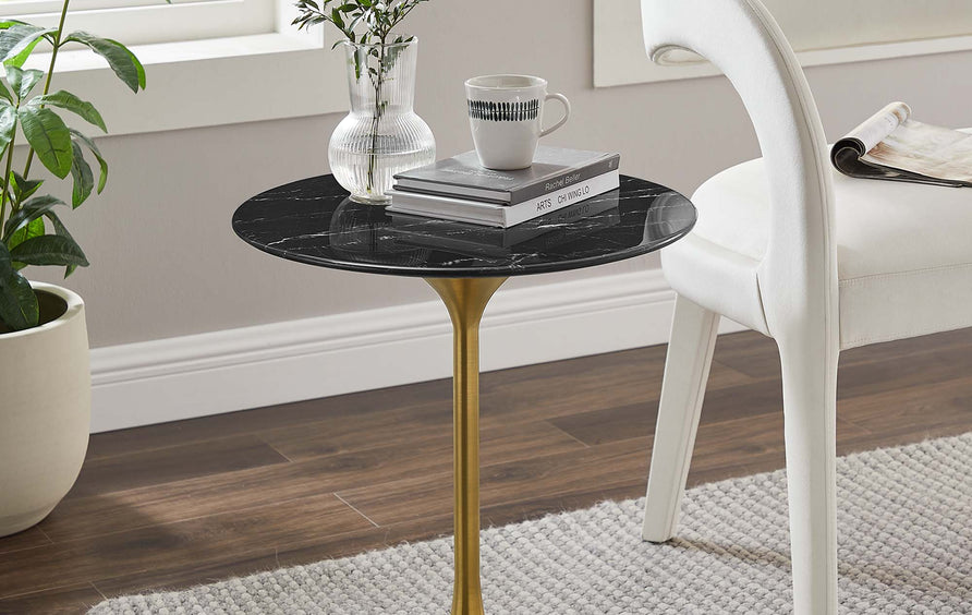 Lumen 20" Round Faux Marble Side Table in Gold Black