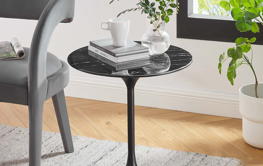 Lumen 20" Round Faux Marble Side Table in Black Black