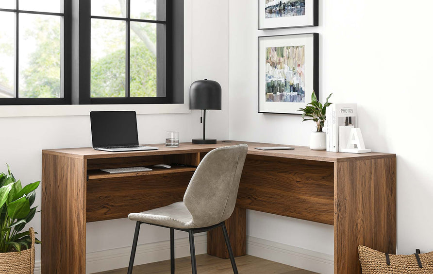 Mariefred L-Shaped Wood Office Desk in Walnut