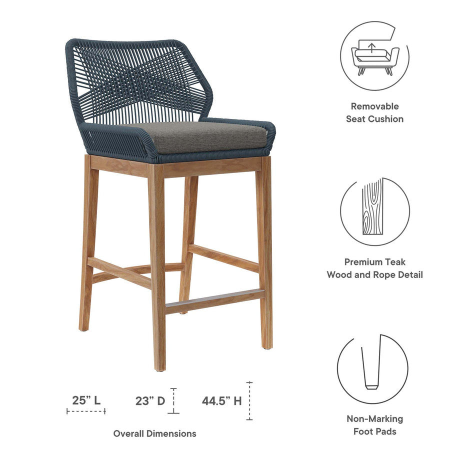 Camden Outdoor Patio Teak Wood Bar Stool in Blue Graphite