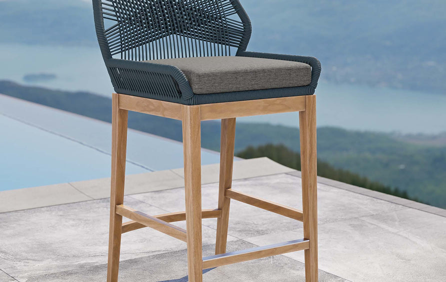 Camden Outdoor Patio Teak Wood Bar Stool in Blue Graphite