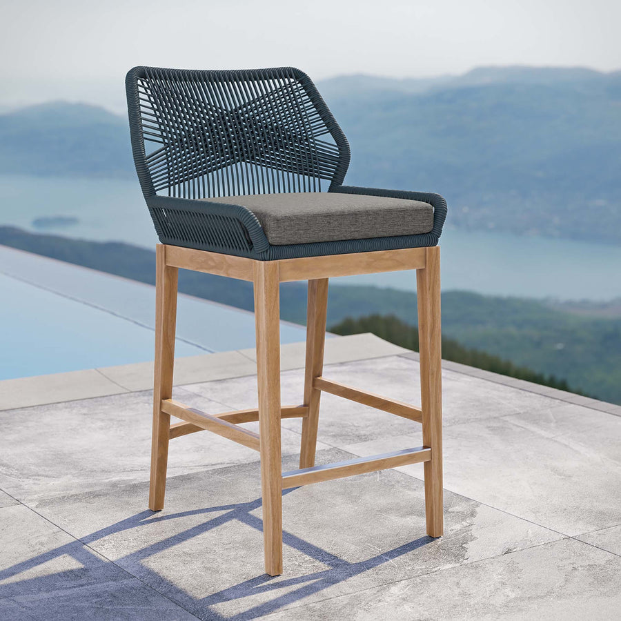 Camden Outdoor Patio Teak Wood Bar Stool in Blue Graphite