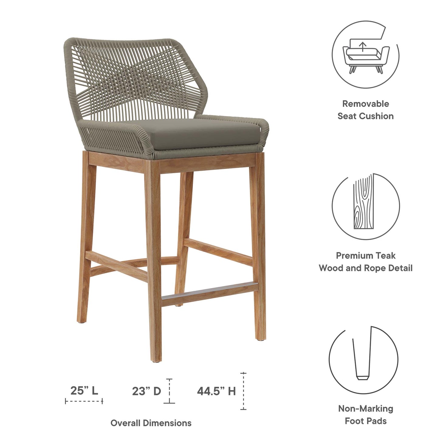 Camden 3-Piece Outdoor Patio Teak Wood Bar Set in Light Gray Greige