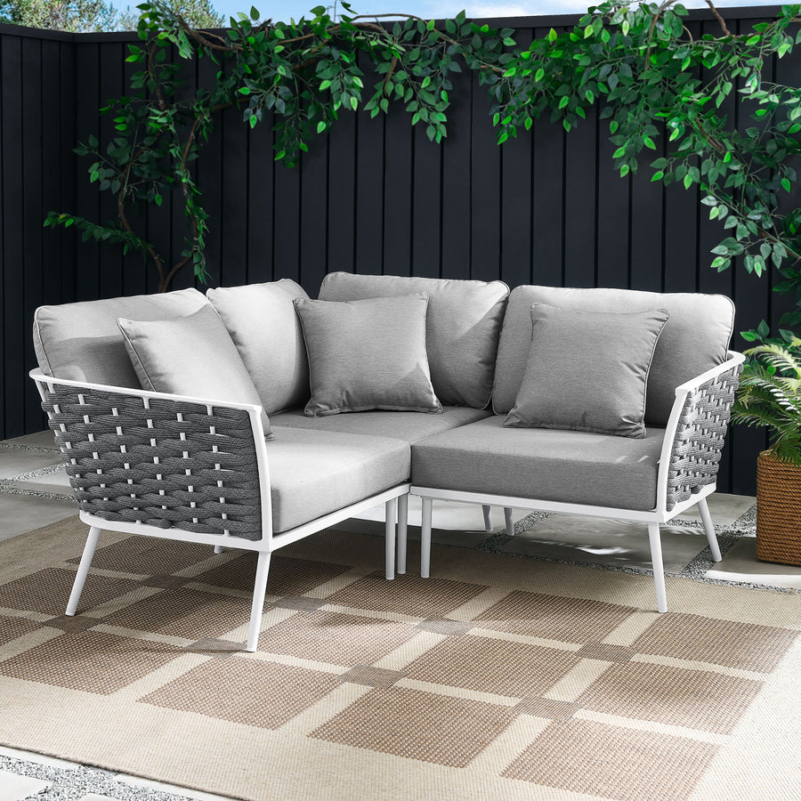 Willow Outdoor Patio Aluminum Small Sectional Sofa in White Gray