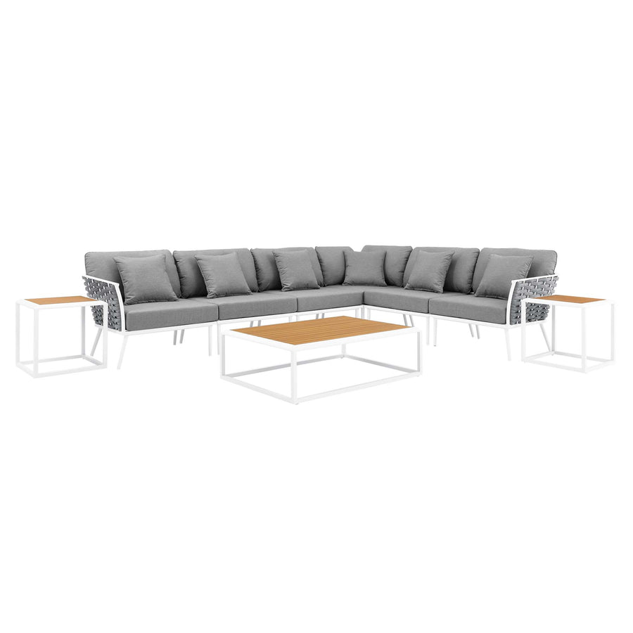 Willow 9 Piece Aluminum Outdoor Patio Aluminum Sectional Sofa Set in White Gray