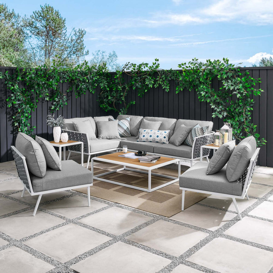 Willow 9 Piece Aluminum Outdoor Patio Aluminum Sectional Sofa Set in White Gray