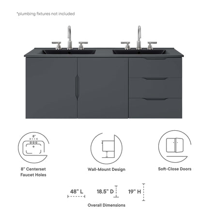 Vitality 48" Double Sink Bathroom Vanity in Gray Black