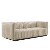 Olive Channel Tufted Upholstered Fabric Loveseat in Black Beige
