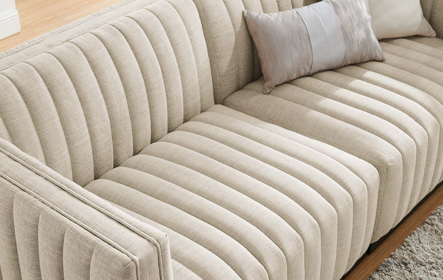 Olive Channel Tufted Upholstered Fabric Loveseat in Black Beige