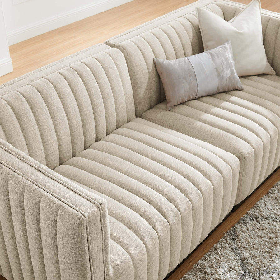 Olive Channel Tufted Upholstered Fabric Loveseat in Black Beige