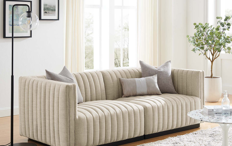 Olive Channel Tufted Upholstered Fabric Loveseat in Black Beige