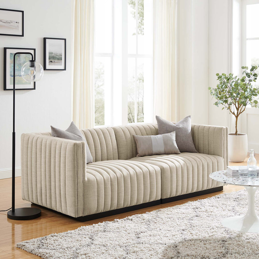Olive Channel Tufted Upholstered Fabric Loveseat in Black Beige