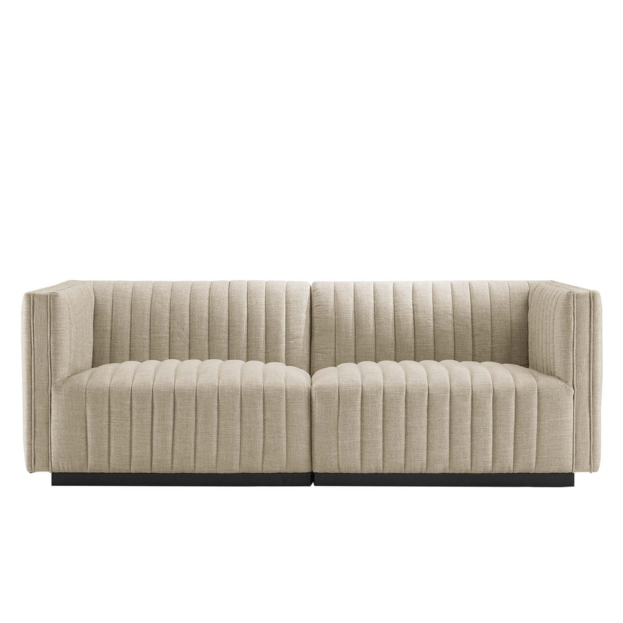 Olive Channel Tufted Upholstered Fabric Loveseat in Black Beige