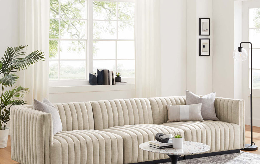Olive Channel Tufted Upholstered Fabric Sofa in Black Beige