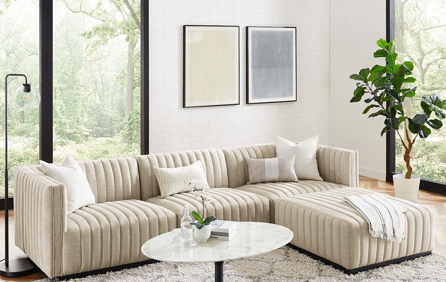 Olive 4-Piece Channel Tufted Upholstered Fabric Sectional Sofa in Black Beige