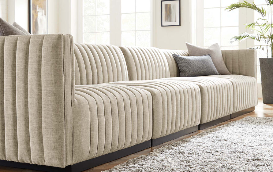 Olive 4-Piece Channel Tufted Upholstered Fabric Sofa in Black Beige